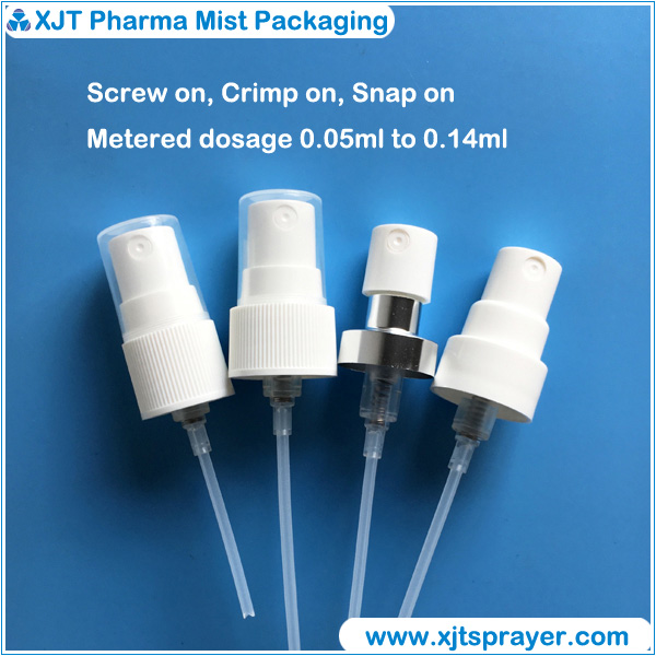 Metered fine mist sprayer (topical spray pump), screw, snap, crimp on.