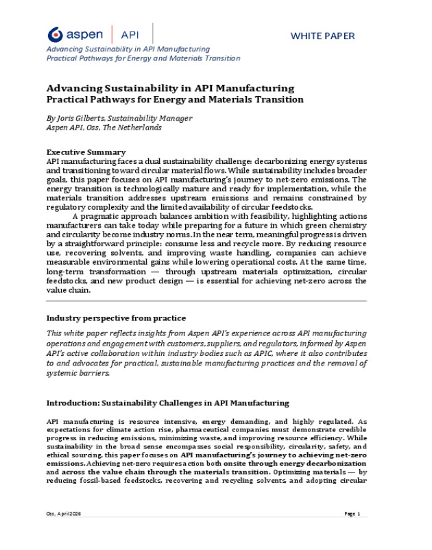 Advancing sustainability in API manufacturing by Aspen API - WhitePaper